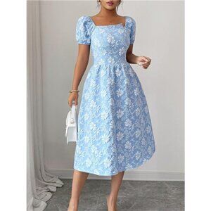 Floral Square Neck Puff Sleeve Midi Dress